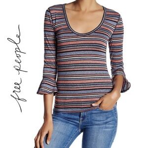 Free People Surprise Party Metallic Striped Scoop Neck Belle Sleeved Blouse